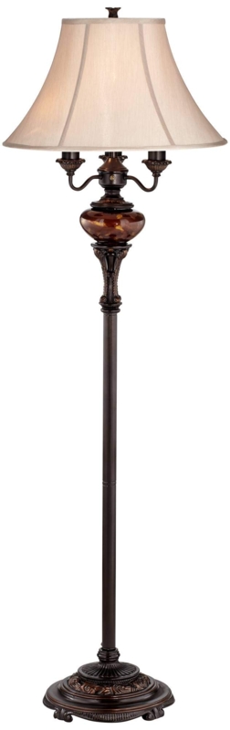 Floor Lamp Tortoise Glass Font Fabric Bell Shade Candelabra Base Bronze