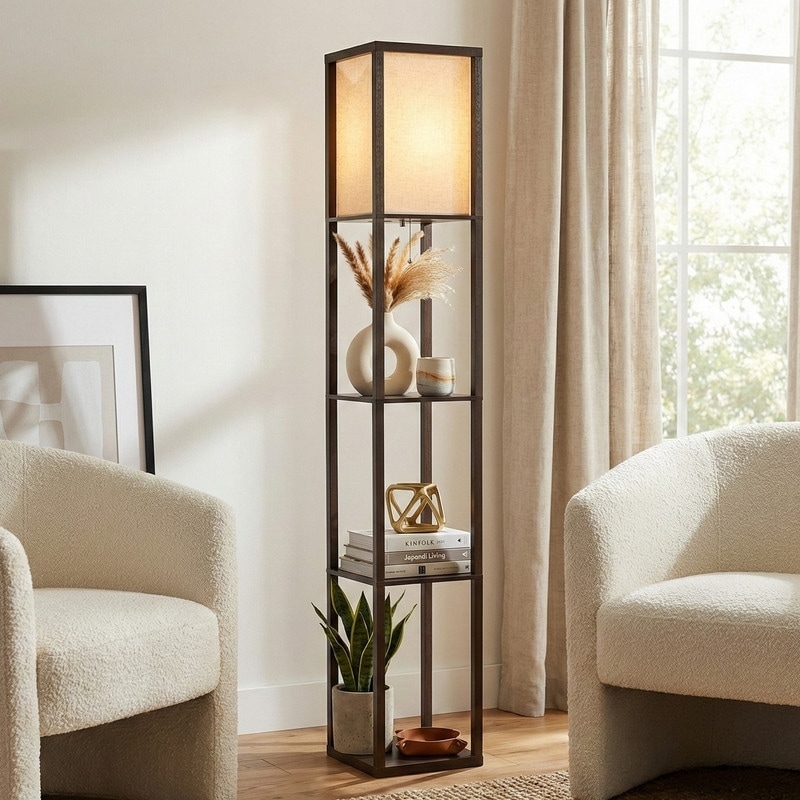 Floor Lamp Tower Lamp Wood Toned Shelf Storage Dark Brown Wooden