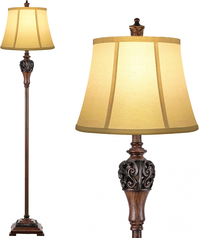 Floor Lamp Traditional Farmhouse Turned Wood Base Pleated Shade