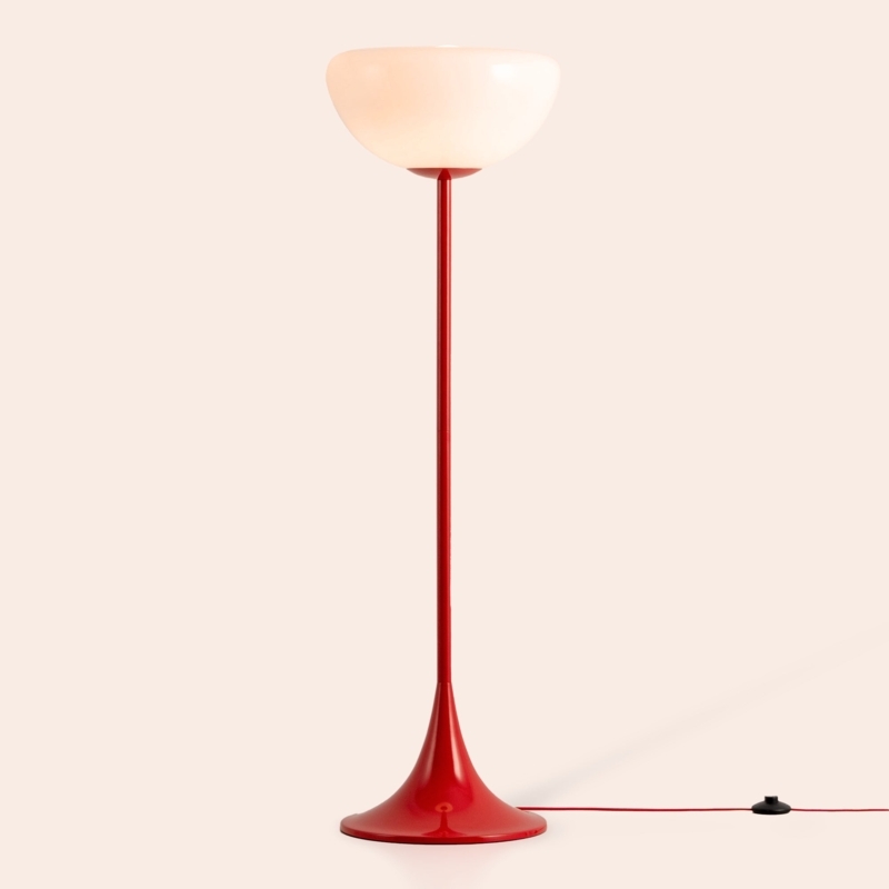 Floor Lamp Translucent Red Dome Shade Slim Black Stand Modern