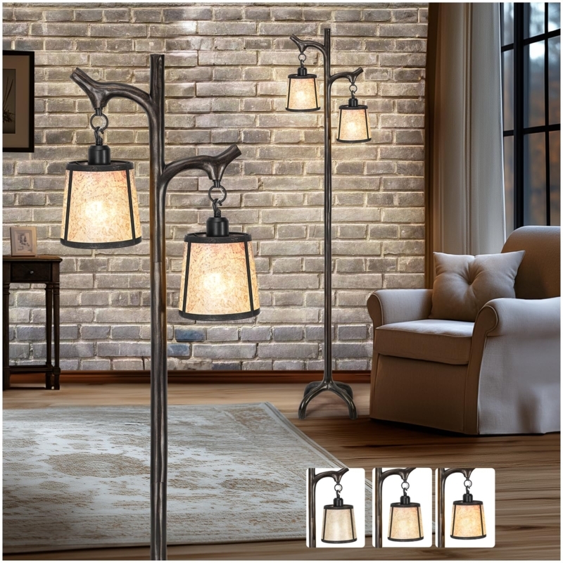 Floor Lamp Tree Trunk Silhouette with Mica Shades Rustic Farmhouse