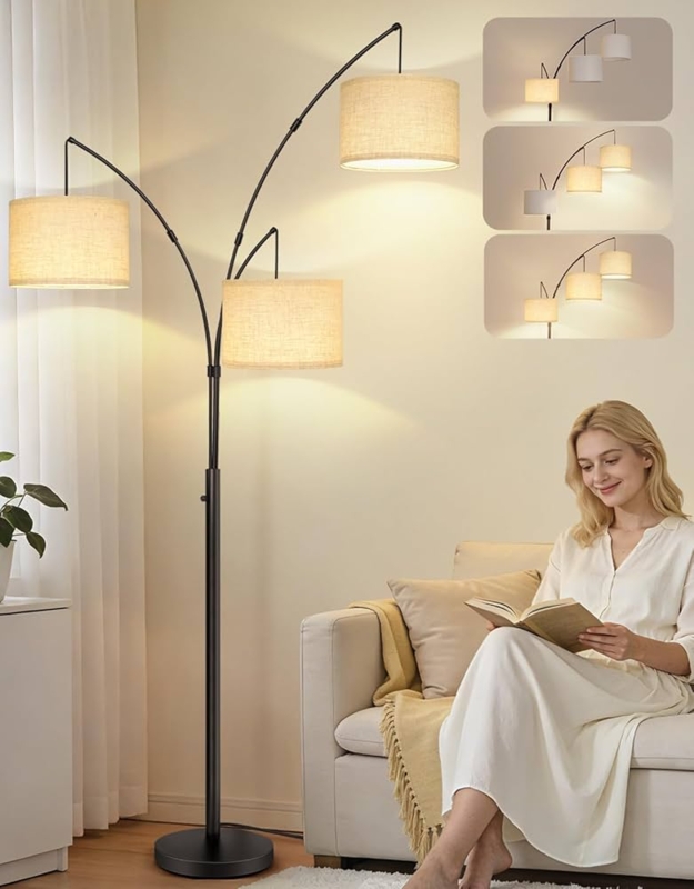 Floor Lamp Triple Arc Design Beige Drum Shades Black Metal Cozy