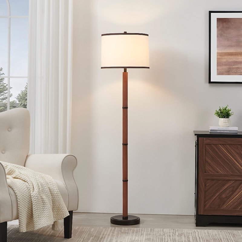 Floor Lamp Tripod Base Faux Wood Legs Linen Drum Shade