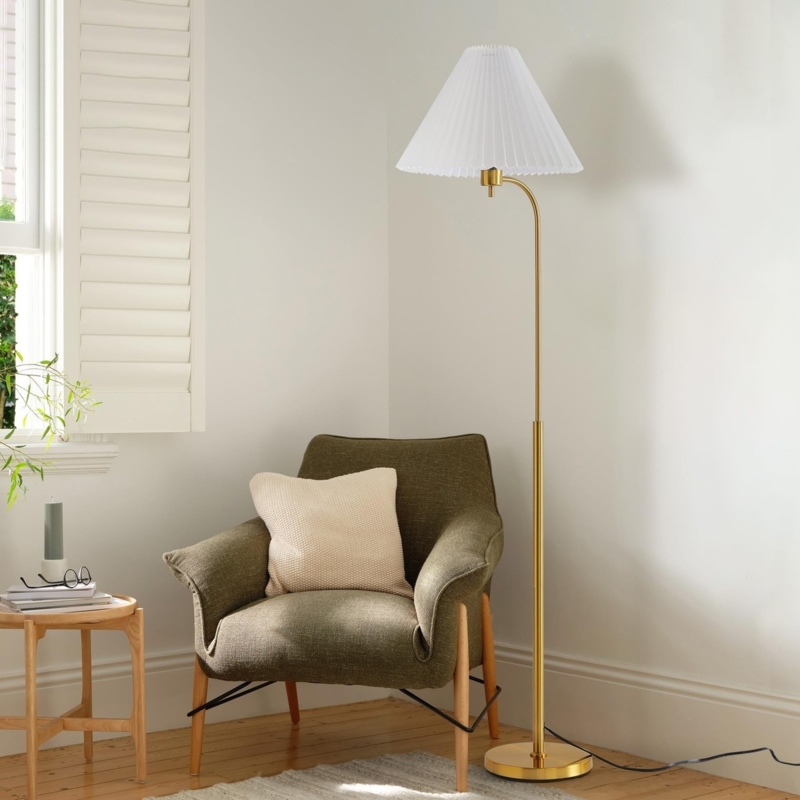 Floor Lamp Tripod Base Pleated Shade Wood Toned Mid Century Scandi