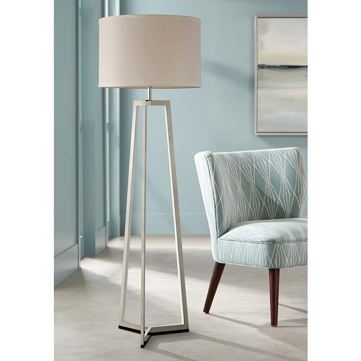 Floor Lamp Tripod Base Polished Chrome Integrated LED Night Light Drum