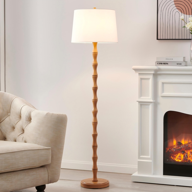 Floor Lamp Tripod Base with Wood Legs and Drum Shade Scandinavian
