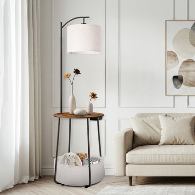 Floor Lamp Tripod Base Wood Toned Tray USB Port Drum Shade