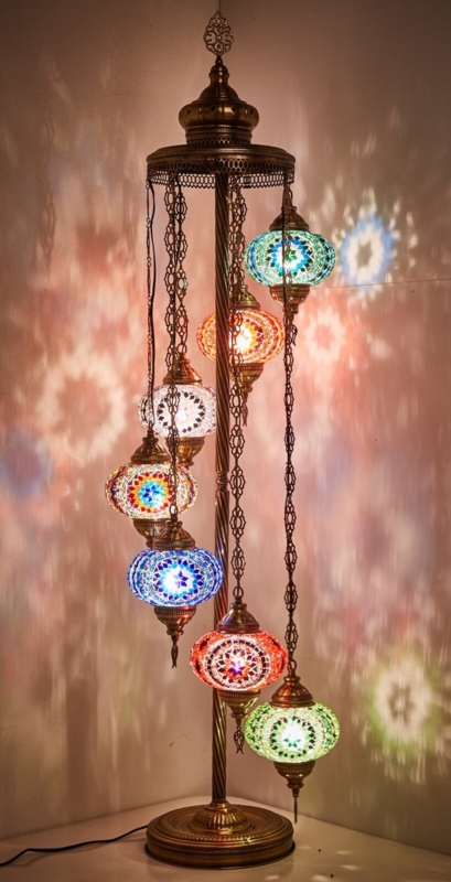 Floor Lamp Turkish Mosaic Seven Hanging Globes Bronze Filigree