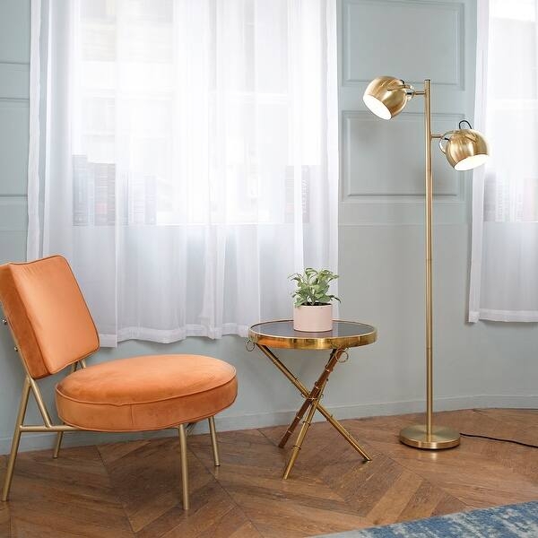 Floor Lamp Two Light Cylindrical Heads Matte Brass Adjustable Sleek