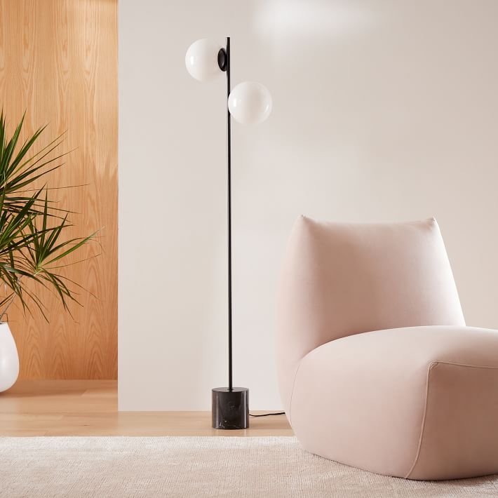 Floor Lamp Two Light Slim Brass Silhouette Staggered Frosted Globes