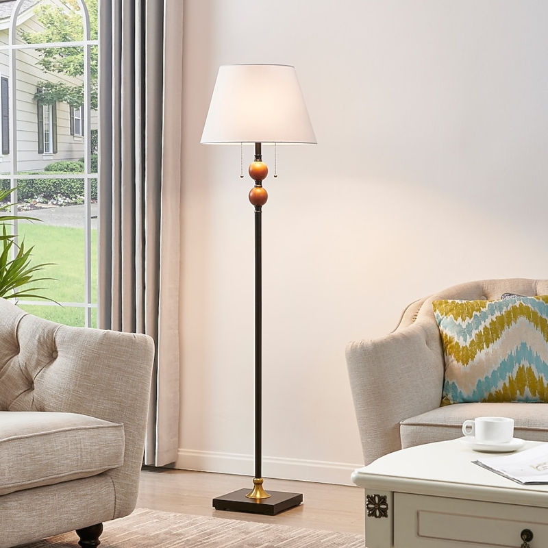 Floor Lamp Two-Tone Finish Black And Gold Pull Chain Drum Shade