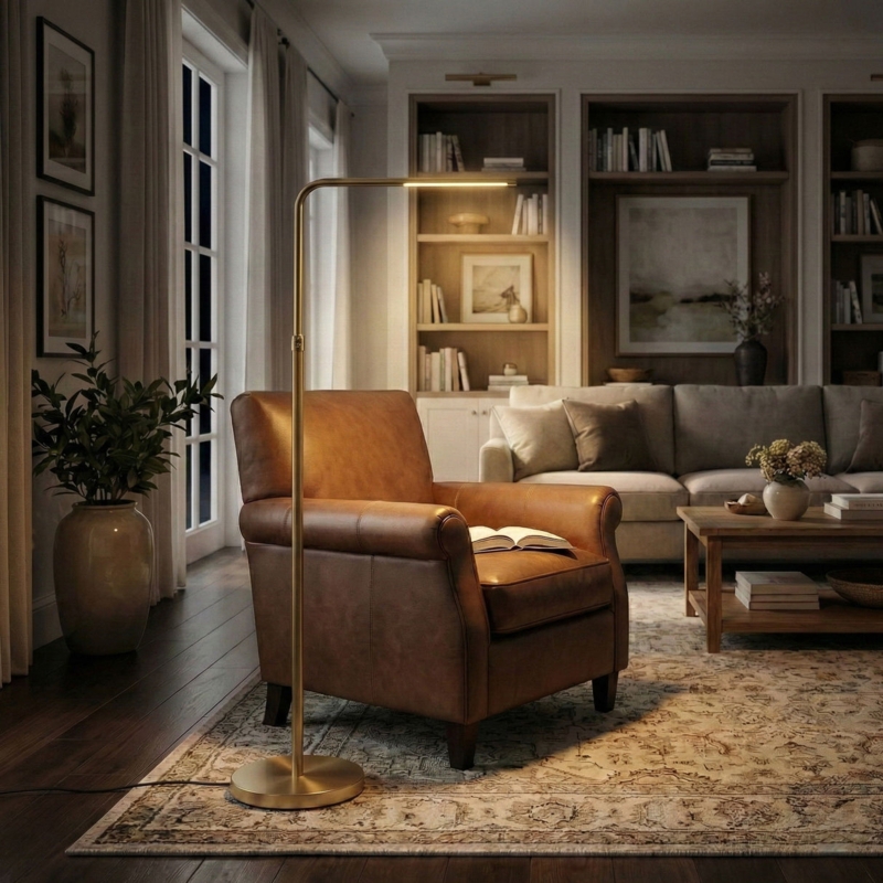 Floor Lamp: Ultra Slim Gold LED Task Light with Adjustable Head