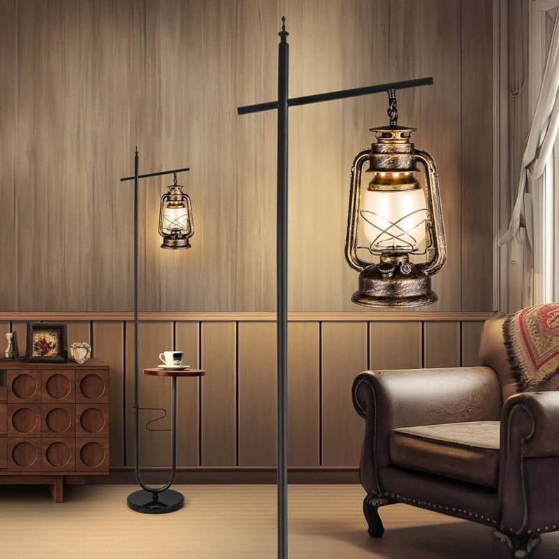 Floor Lamp Vintage Bronze Arc Lantern Shade Integrated Table Farmhouse