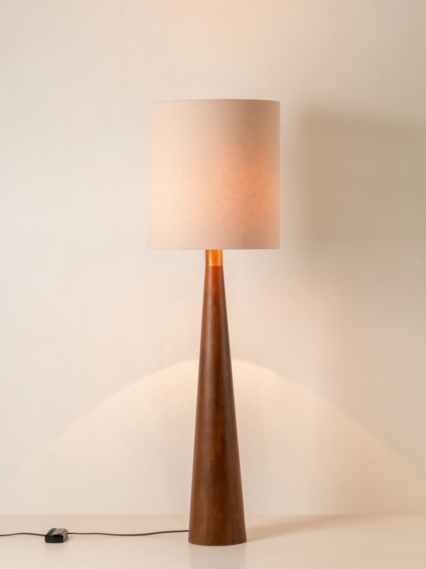 Floor Lamp: Vintage Turned Wood Detail Aged Brass Cone Shade