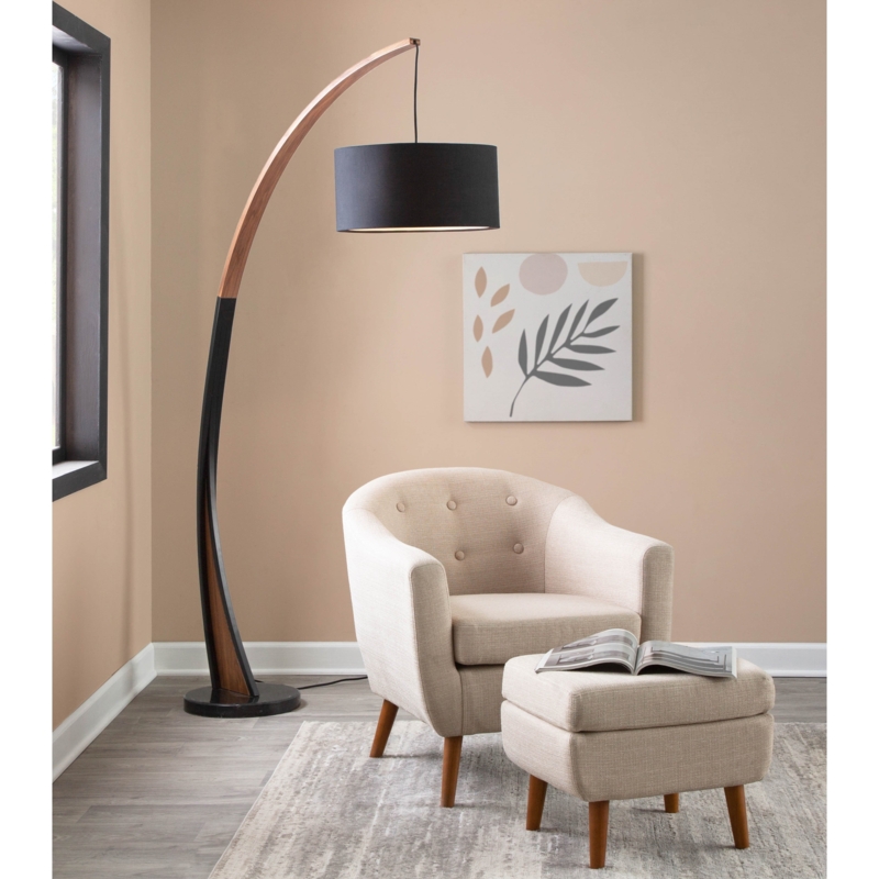 Floor Lamp Walnut Stem Marbled Stone Base Mid-Century