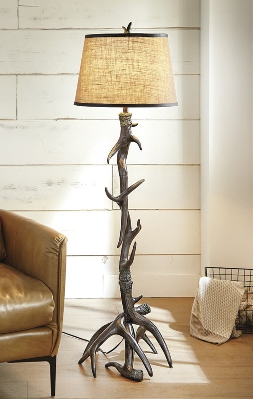 Floor Lamp Western Sculptural Antler Base with Whipstitched Shade