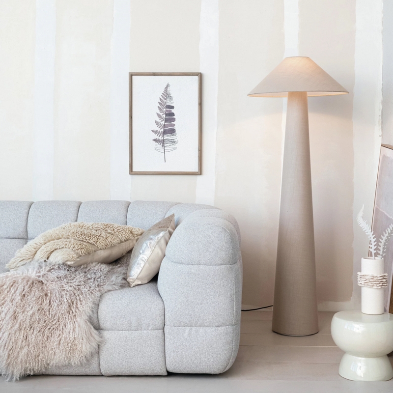 Floor Lamp White Linen Drum Shade Transitional Slender Profile Charcoal