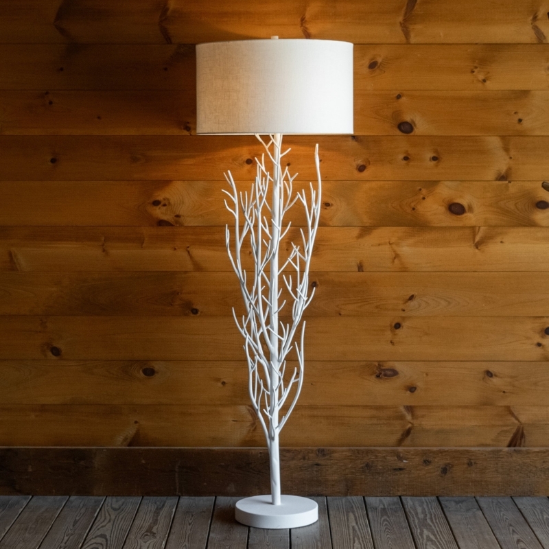 Floor Lamp White Painted Finish, Twig Base Rustic