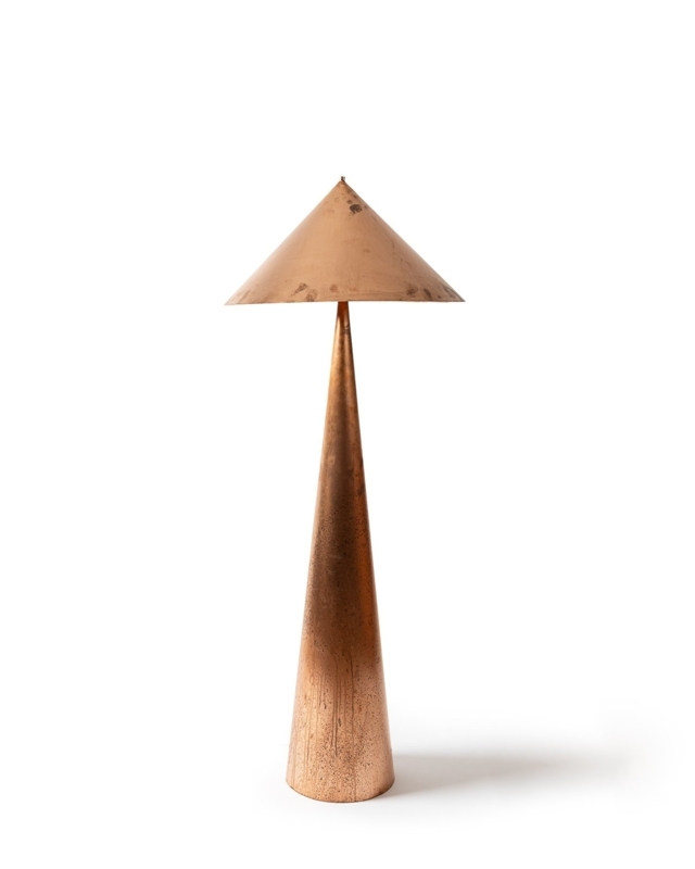 Floor Lamp: White Ribbed Shade Conical Base Geometric Silhouette Design