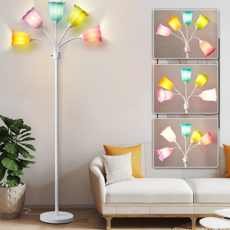 Floor Lamp White Stand Six Head Rainbow Bell Shades Flexible