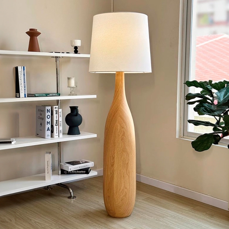 Floor Lamp Wide Pleated Shade Sculptural Wood Base Wabi-Sabi Style