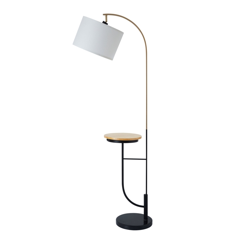 Floor Lamp with Arched Arm, Wood-Toned Table, USB, Metal Frame