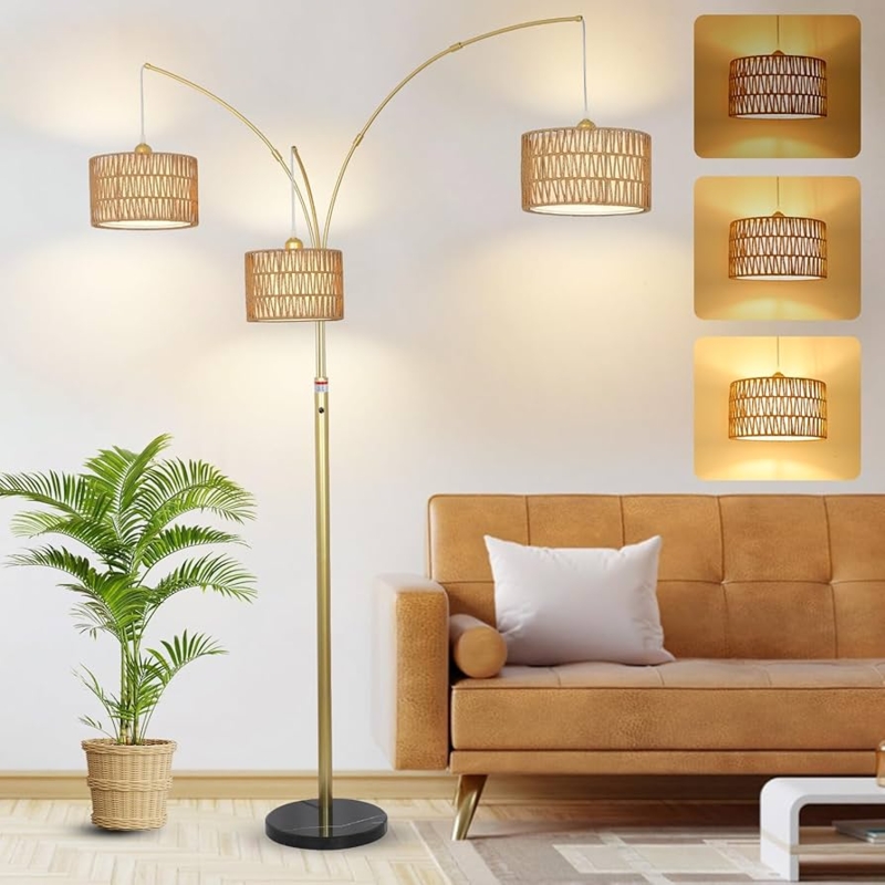 Floor Lamp with arched neck and boho rattan shade.