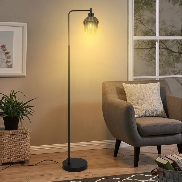 Floor Lamp with Arched Silhouette White Drum Shade Minimalist Styling