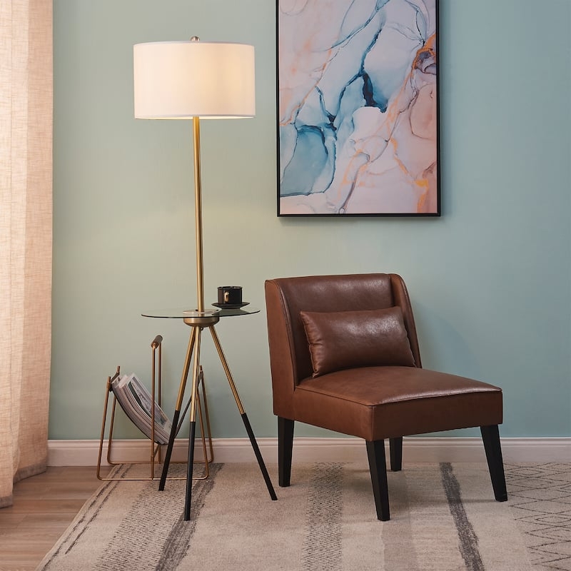 Floor Lamp with Brass Finish, Slim Legs, Integrated Glass Shelf