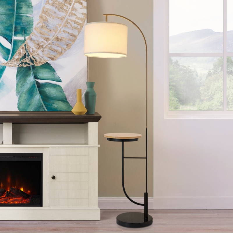 Floor Lamp with Brushed Brass Finish, Stone-Like Base, Integrated Table