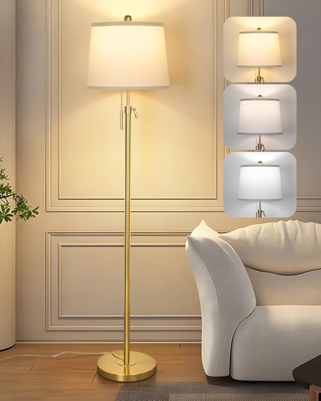 Floor Lamp with brushed finish and white drum shade.