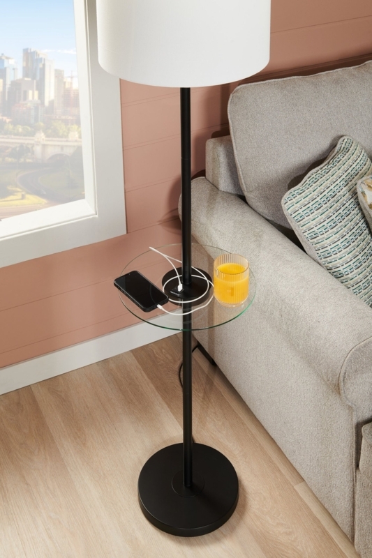 Floor Lamp with Built-In Glass Tray, USB Port, Minimalist Design