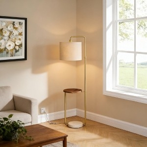 Floor Lamp With Charging Station Integrated Shelf Brass Finish