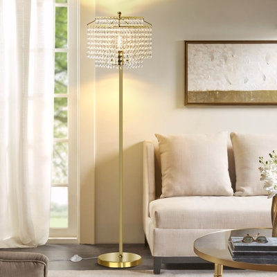 Floor Lamp with Double Layer Shade Crystal Accents Polished Gold