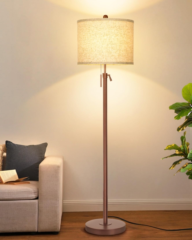 Floor Lamp with Dual Pull Chains Adjustable Metal Base Linen Shade
