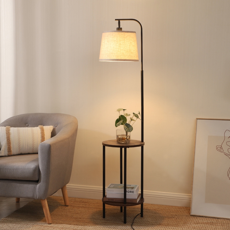 Floor Lamp with Dual Pull Chains and Wood-Toned Tray for Reading Corners