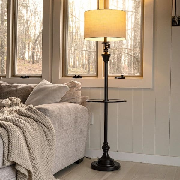 Floor Lamp with Integrated Glass Side Table, Bronze Finish