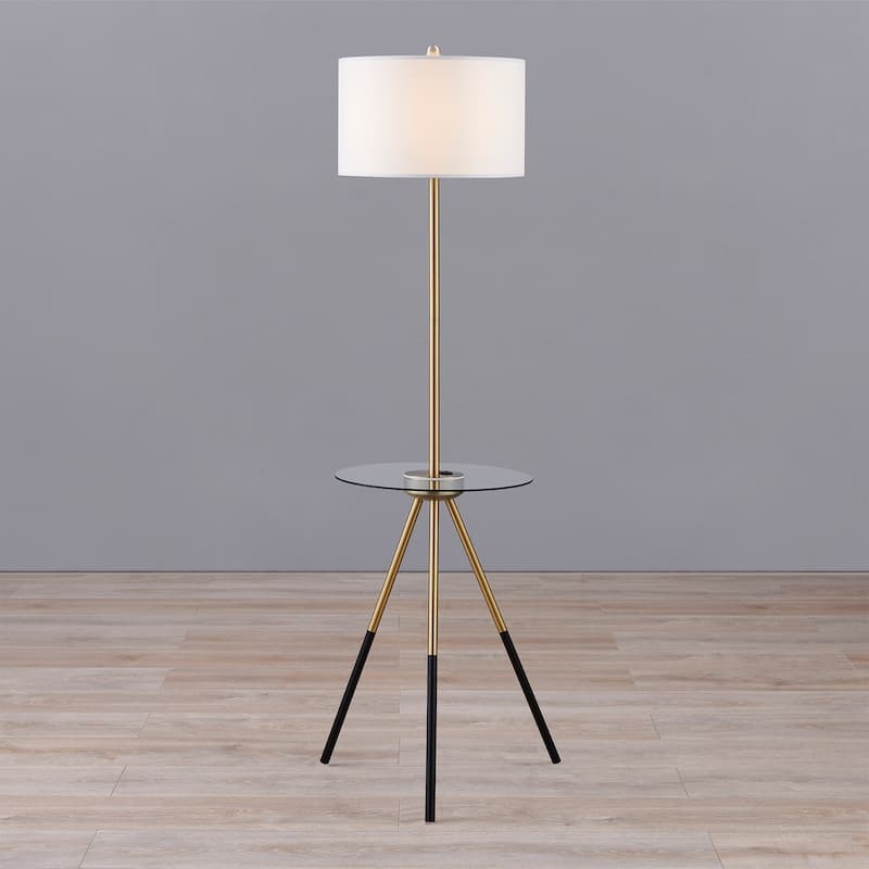 Floor Lamp with Integrated Glass Table, Wood-Toned Legs, USB