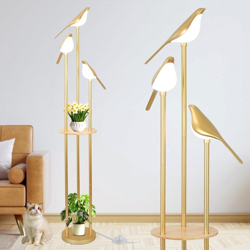 Floor Lamp with integrated shelves, adjustable reading arm, brushed gold.