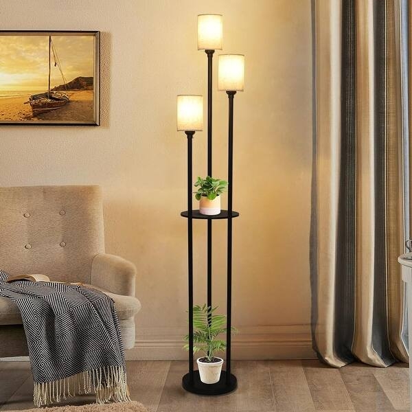 Floor Lamp with Integrated Shelves Three Lights Rectangular Shade