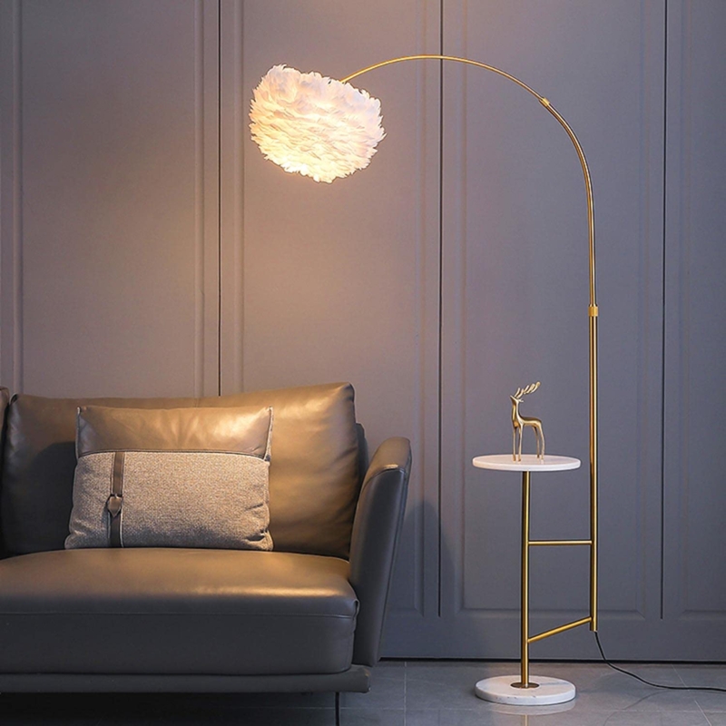 Floor Lamp with Integrated Table, Polished Finish and Drum Shade