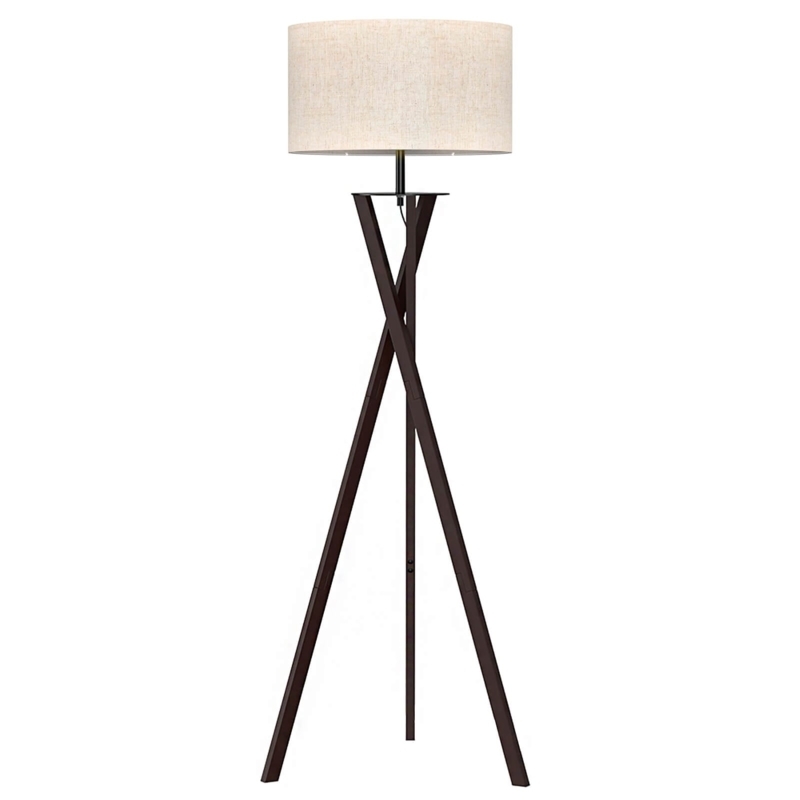 Floor Lamp with Intersecting Tripod Base, Wood Toned Legs & White Shade