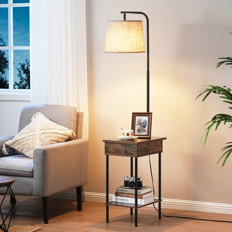 Floor Lamp with Linear Metal Base and Integrated Wood Tray Table