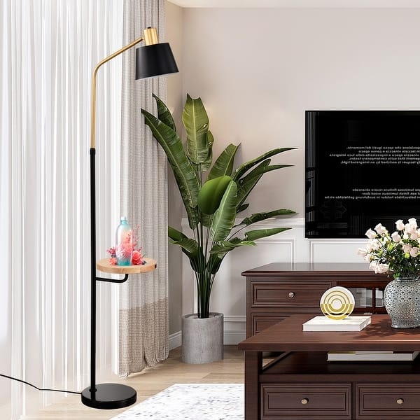 Floor Lamp with Marble Tray Table, USB Port, Matte Black, Drum Shade