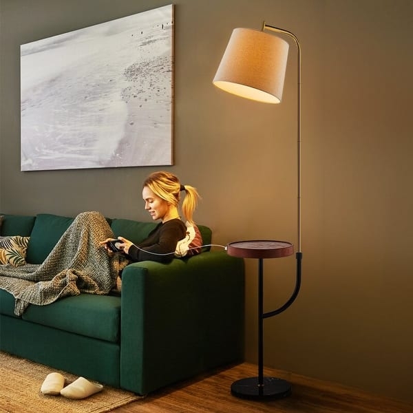 Floor Lamp with Matte Black Tripod Base and Wood-Toned Tray Table