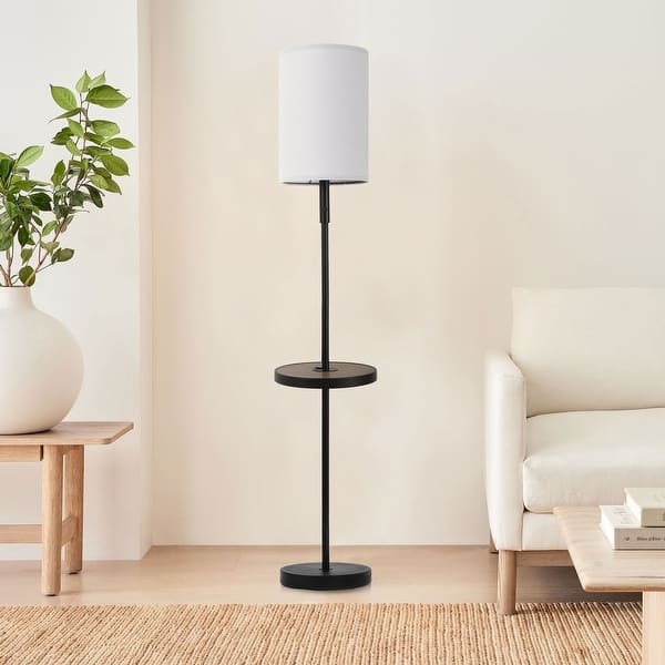 Floor Lamp with Mixed Materials, Wood-Toned Tray, Matte Black