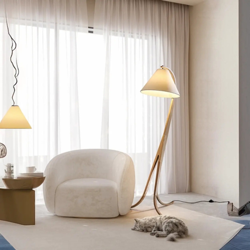 Floor Lamp with Natural Finish Foot Switch Curved Tripod Base Rustic