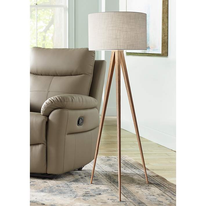 Floor Lamp with Natural Wood Finish, Exposed Cord & White Drum Shade