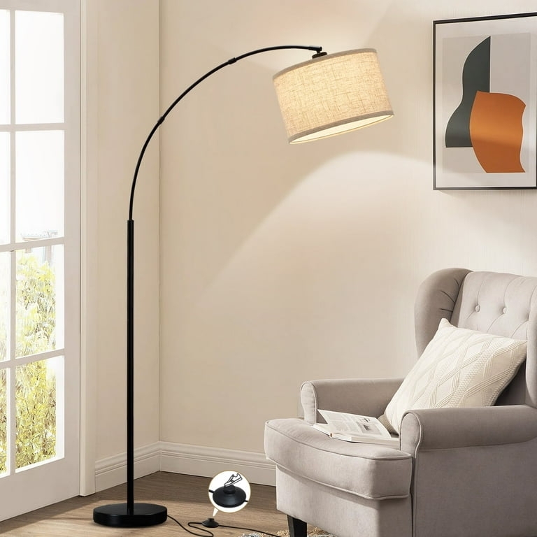 Floor Lamp with Overhanging Drum Shade Slender Arc Silhouette Stylish