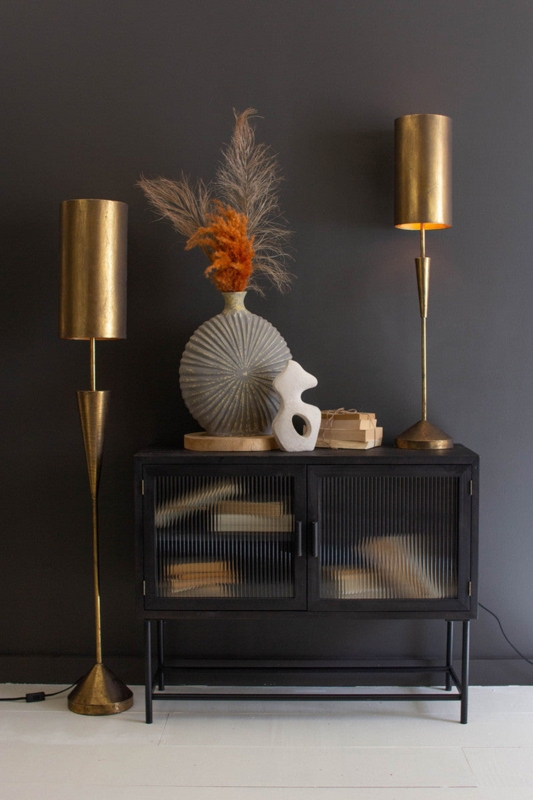 Floor Lamp with perforated metal shades and two-light design.